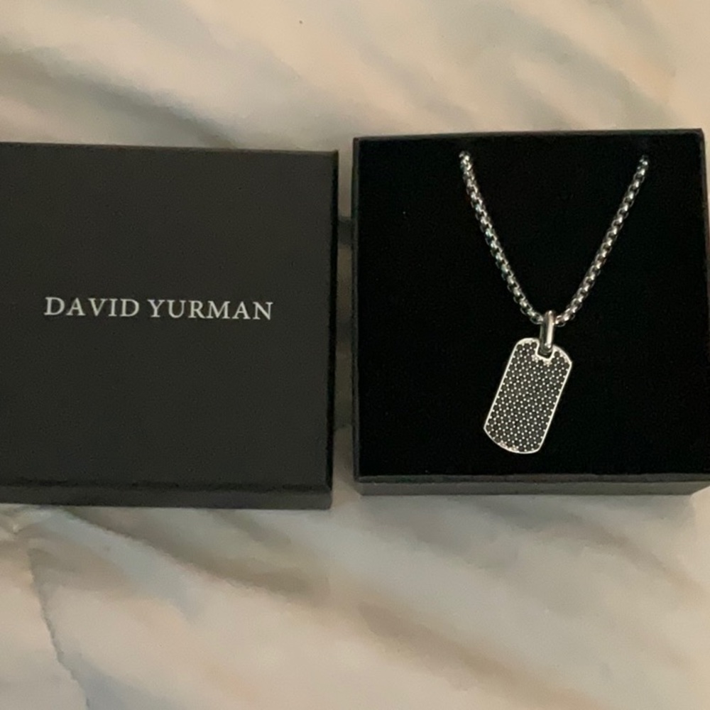 David Yurman Silver and Black Diamond Dog Tag Pendent